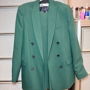 ZARA Emerald Green Double-Breasted Blazer & Trouser Set – Size S/XS